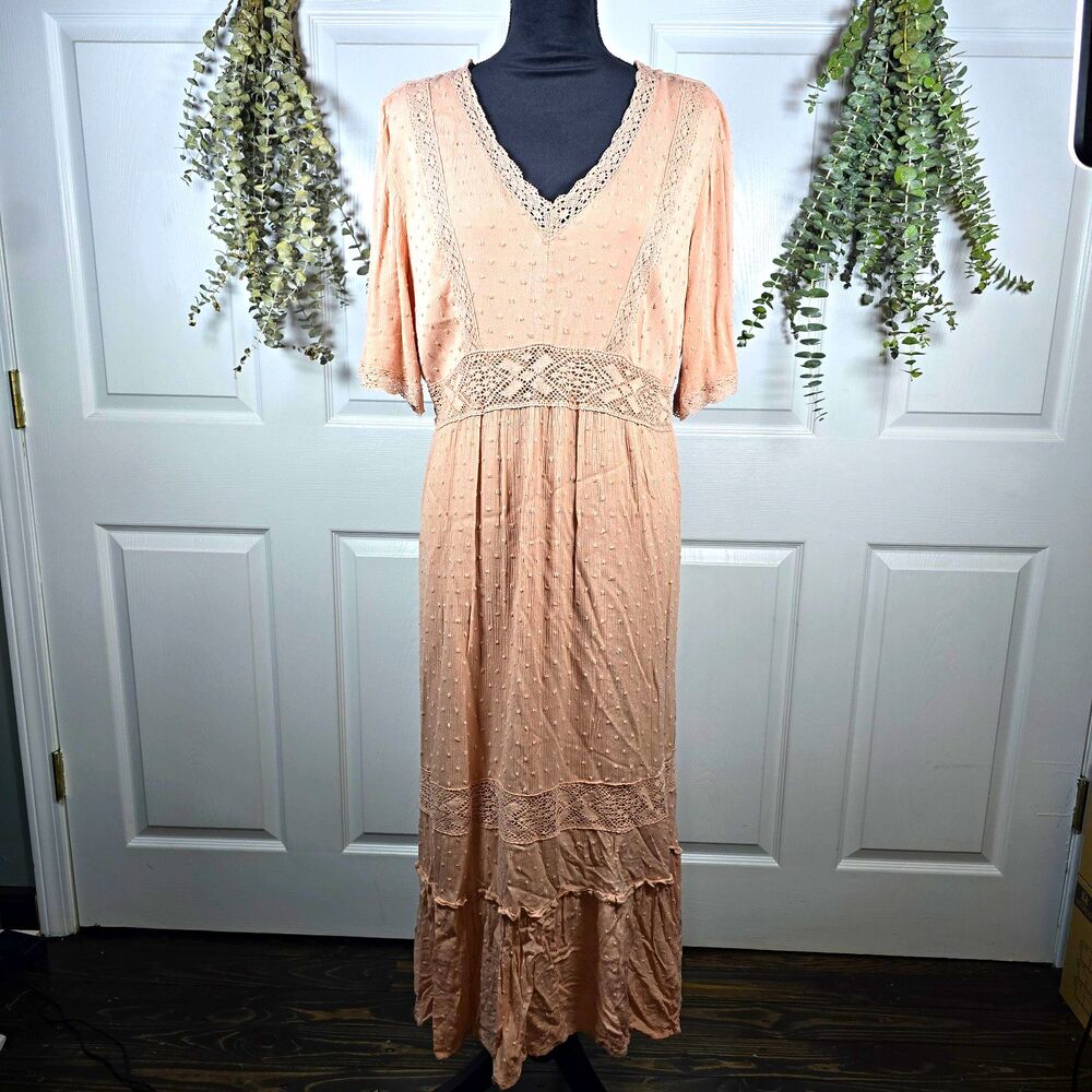 Knox Rose Pink Dainty Lined Maxi Dress V-Neck Short Sleeve Romantic Feminine L